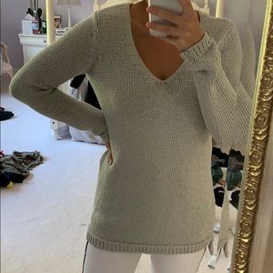Aqua Silver Grey Metallic Holiday V- Neck Sweater